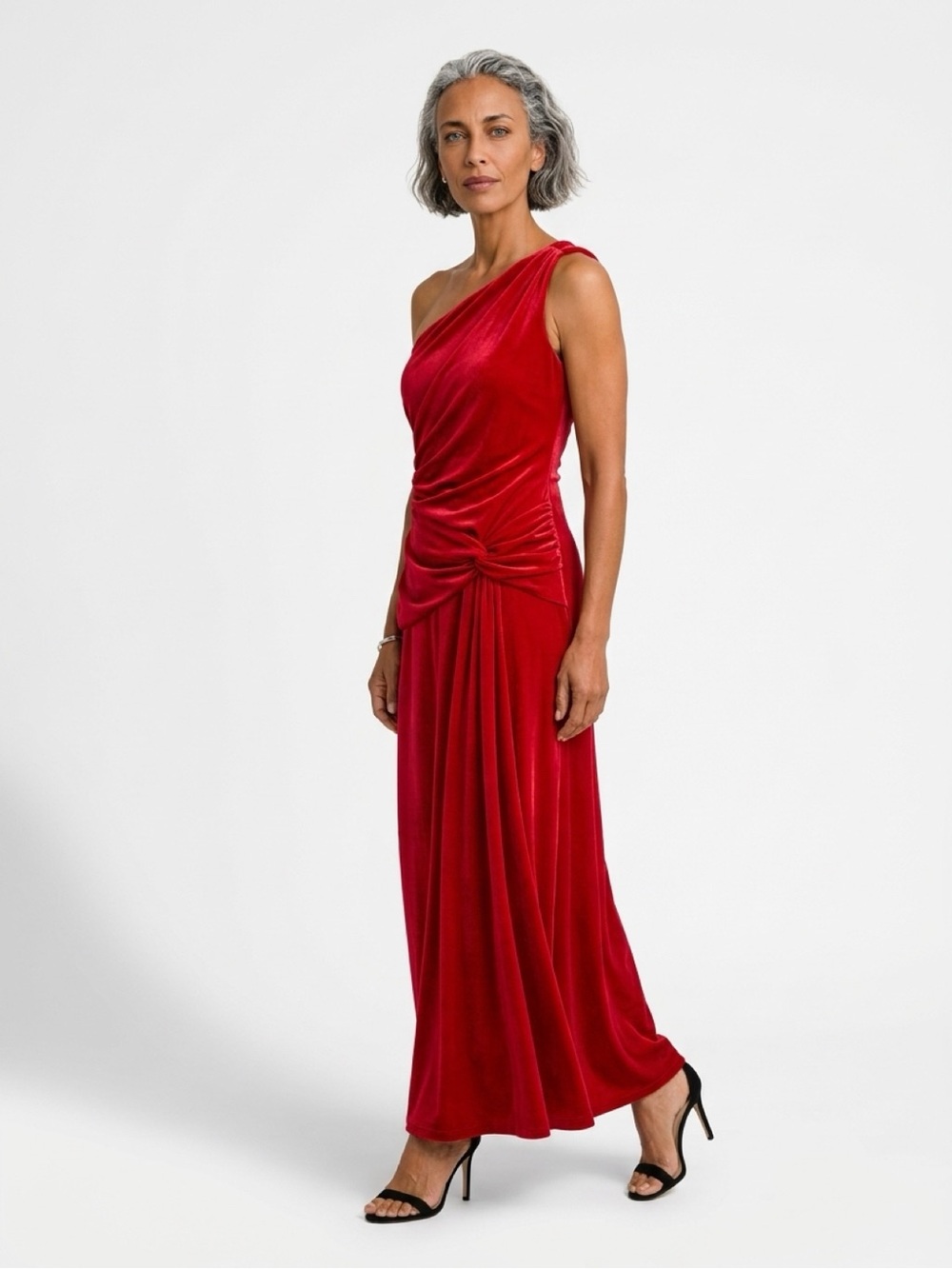 Jessica McClintock One-Shoulder Red Velvet Evening Dress